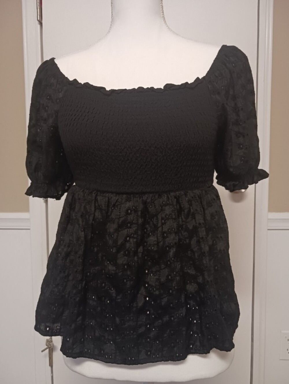 Self Esteem Black Smocked Peasant Blouse Size M